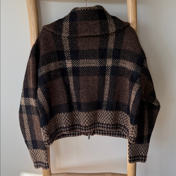 ZARA Plaid Zip Up Collared Soft Knit Sweater Brown Black Tan with Pockets L - Picture 10 of 16